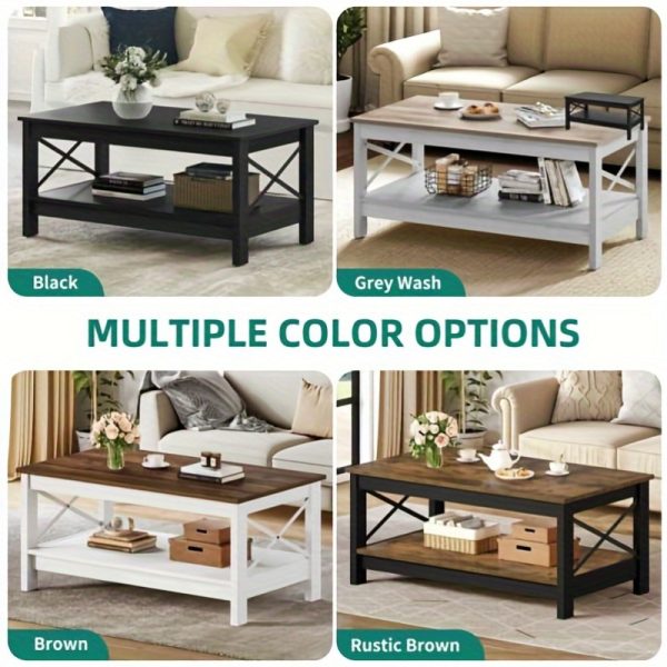 YINTATECH 2- Tier Wood Coffee Table with Open Storage, Farmhouse Accent Cocktail Center Table for Home Office, Brown and White - Image 5