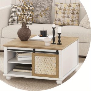 Farmhouse Coffee Table With Storage, Mid Century Modern Wooden Square Coffee Table, Center Coffee Table With Adjustable Shelf For Living Room, Flawless White.