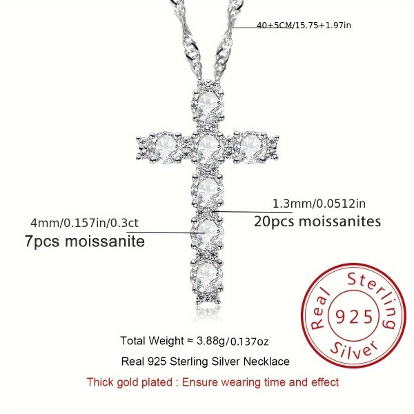 925 Silvery Moissanite Cross 4.0mm Main Stone 0.3CTx7 Sub-Stones 0.08CTx20 Total 2.26CT Pendant Necklace Approx. 3.88g Pendant Necklace Moissanite Jewelry D Color Ideal Cut Moissanite Necklace with Certificate for Men and Women - Image 2