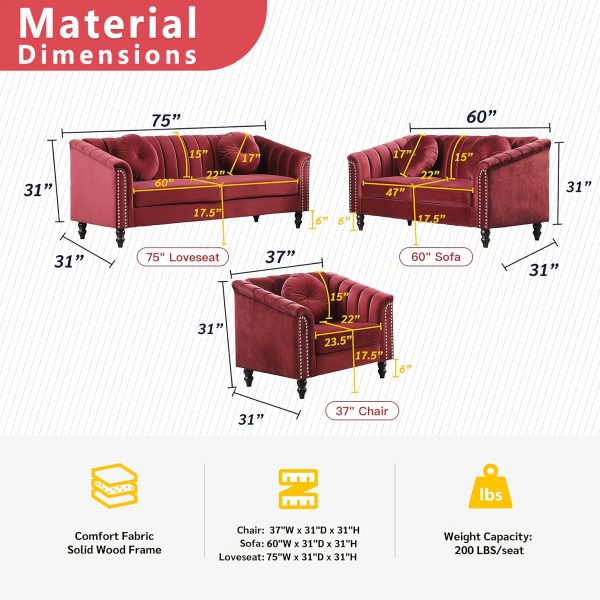 [The Yard]Chesterfield Sofa Set, Luxurious Flannel Upholstered Couch Set With Rolled Arms And Rivet Trim, 3-Piece Living Room Furniture Set Including Sofa, Loveseat, And Armchair, Button Tufted Cushions, Modern Classic Style Sofa For Home Or Office - Image 18