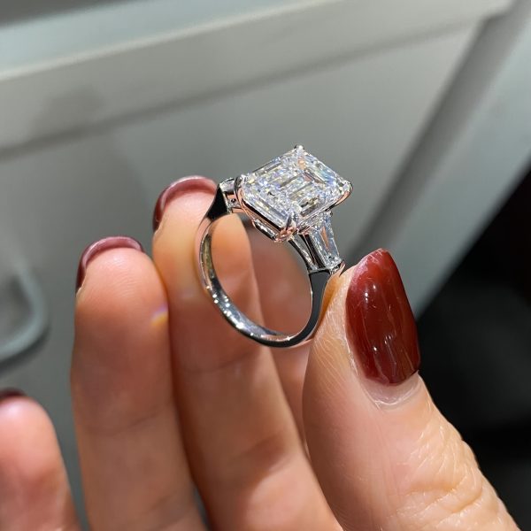 Charming Ideal Jade Cut Moissanite Ring Women' S 4ct Three Stone Moissanite Engagement Ring Sterling Silver Platinum Plated Anniversary Wedding Ring, Greystone, Moissanite - Image 2