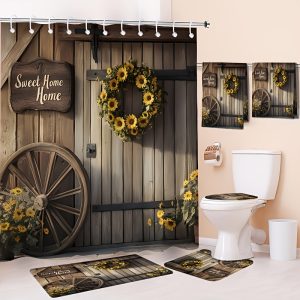 Rustic Sunflower "Sweet Home" Bathroom Set - 1pc/2pcs/4pcs/6pcs Polyester Shower Curtain with 12 Hooks, Water-Resistant Woven Bath Mat, Toilet Cover, Quick-Absorbent Towels, Fashion Themed Kitchen Dish Towel, Non-Bleach Care, Farmhouse Decor Accessories