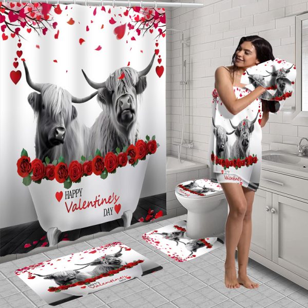 Valentine'S Day Highland Cow Bathroom Set with Hooks, Water-Resistant Polyester Decor, Non-Slip Mats, Toilet Cover, Ultra-Soft Towels, Hand Washcloths, Fashion Animal Love Theme Bath Accessories - 1pc/2pcs/4pcs/6pcs