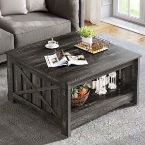 YINTATECH Wood Coffee Table with Barn Door, Farmhouse Inspired Living Room Centerpiece