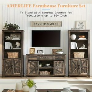 Farmhouse TV Stand with Sliding Barn Door & Drawer, 59" Rustic Entertainment Center for TVs up to 65", Buffet Storage Cabinet for Living Room, Bedroom, Dining Room, Dark Rustic Oak