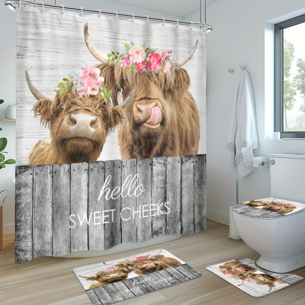 1/4pcs Farmhouse Highland Cow Bathroom Set - Waterproof Shower Curtain with 12 Hooks, Non-Slip Mat, U-Shaped Toilet Mat, Cover Mat, Country Cow Western Funny Animal Floral Wood Vintage Modern Home Decor Accessories - Image 9
