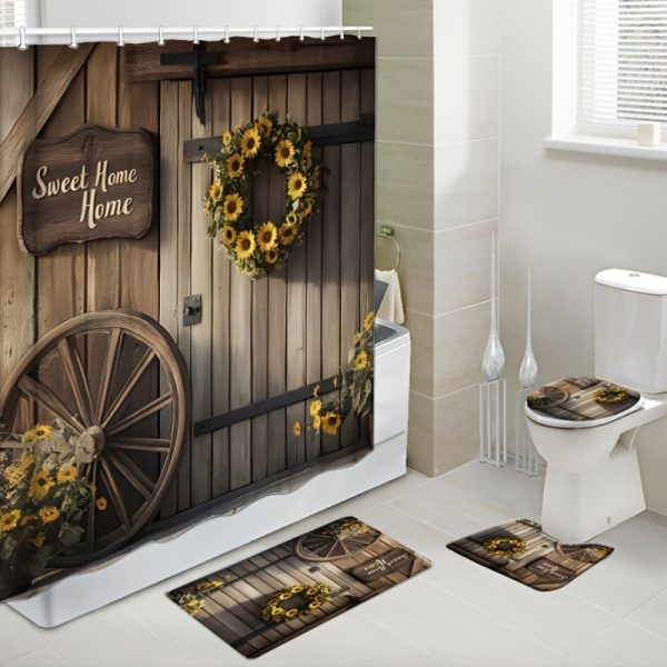 Rustic Sunflower "Sweet Home" Bathroom Set - 1pc/2pcs/4pcs/6pcs Polyester Shower Curtain with 12 Hooks, Water-Resistant Woven Bath Mat, Toilet Cover, Quick-Absorbent Towels, Fashion Themed Kitchen Dish Towel, Non-Bleach Care, Farmhouse Decor Accessories - Image 9