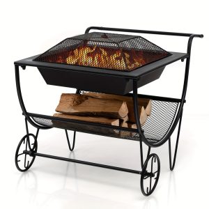 1pc Deluxe Outdoor Wood Burning Fire Pit - Steel Patio Stove with Log Storage Rack and Wheels for Easy Mobility - Perfect for Yard, Garden, and Backyard Gatherings - Durable Construction and Versatile Design