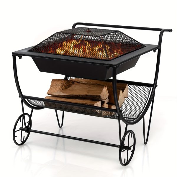 1pc Deluxe Outdoor Wood Burning Fire Pit - Steel Patio Stove with Log Storage Rack and Wheels for Easy Mobility - Perfect for Yard, Garden, and Backyard Gatherings - Durable Construction and Versatile Design