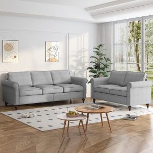 Living Room Sectional Sofa Set with 5.9" Cushion, Mid-Century 3-Seat Sofa and Loveseat Sets with Linen Upholstered& Nailhead Trim, Riveted Accent Couch Set for Living Room/Small Spaces/Office- Light Grey