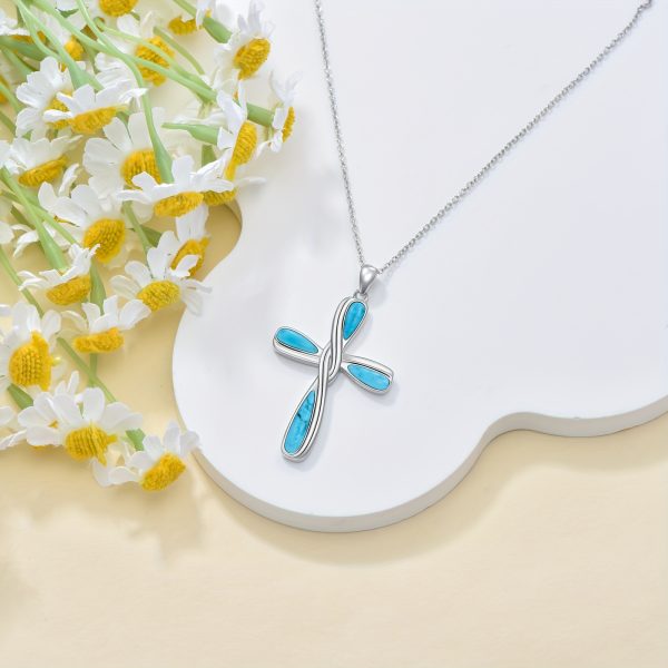 Cross Necklace For Women Turquoise Western Bohemia Sterling Silver 20 Inches Boho Jewelry Vintage Gemstone Teardrop Pendant Birthday Valentines Gift - Image 3