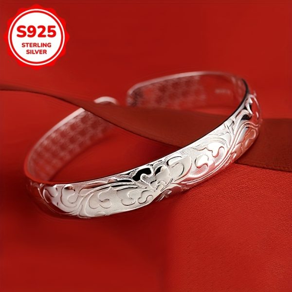 925 Pure Silvery Fashion Retro Floral Pattern Open Bracelet - Image 5