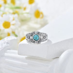 Vintage Boho 925 Sterling Silver Turquoise Ring, Oxidized Leaf Butterfly Design, December Birthstone, Ideal for Daily Wear & Gift Giving, Christmas Season Jewelry for Women