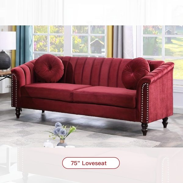 [The Yard]Chesterfield Sofa Set, Luxurious Flannel Upholstered Couch Set With Rolled Arms And Rivet Trim, 3-Piece Living Room Furniture Set Including Sofa, Loveseat, And Armchair, Button Tufted Cushions, Modern Classic Style Sofa For Home Or Office - Image 23