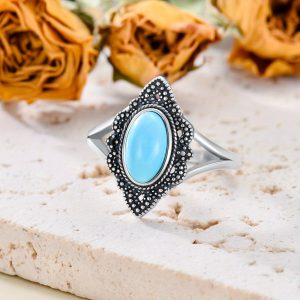 Turquoise Ring 925 Sterling Silver Long Oval Cut Turquoise Vintage Style Ring for Women