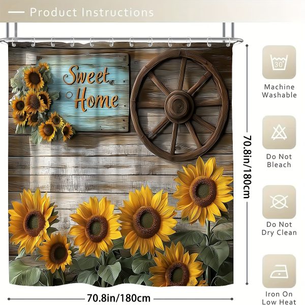 1/4pcs Country Sunflower Pattern Shower Curtain Set, Farmhouse Wagon Wheel And Sunflower with Wood Wall Background Brown Shower Curtain for Christmas Bathroom Shower Decoration with 12 Hooks Non-Slip Bath Mat U Shape Toilet Seat Cover Mat - Image 6