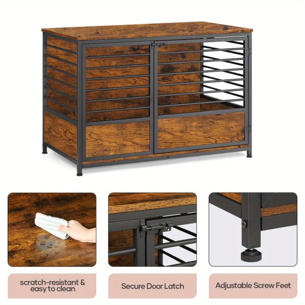 1pc Rustic Wooden Dog Crate Furniture with Metal Frame, Scratch-Resistant End Table, Secure Latch, Adjustable Feet, Indoor Pet Cage House for Small/Medium Dogs