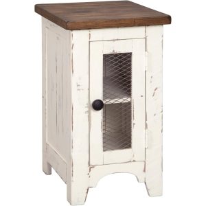 Wystfield Farmhouse Chair Side End Table with Cabinet Door for Storage White Brown with Distressed Finish