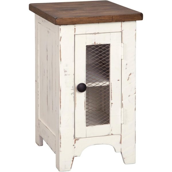 Wystfield Farmhouse Chair Side End Table with Cabinet Door for Storage White Brown with Distressed Finish