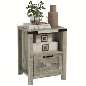 HOMCOM Farmhouse End Table, Rustic side Cabinet with Storage, Small Side Table with Drawer, Wood Effect Tabletop for Living Room, Gray