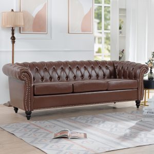 Rolled Arm Sofa With Nailhead Trim And Wooden Legs 3 Seater Retro Style Upholstered Sofa For Living Room, Bedroom, Dark Brown PU