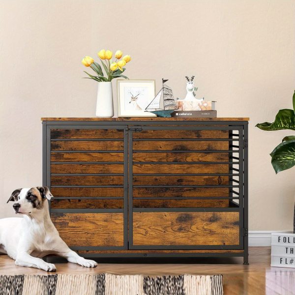 1pc Rustic Wooden Dog Crate Furniture with Metal Frame, Scratch-Resistant End Table, Secure Latch, Adjustable Feet, Indoor Pet Cage House for Small/Medium Dogs - Image 2