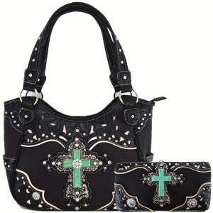 Western Style Trifold Wallet Set: Rhinestone Cross Conchos Studded Tooled Handbag Country Shoulder Purse for Women