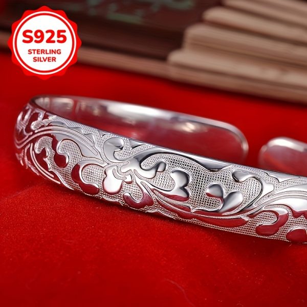 925 Pure Silvery Fashion Retro Floral Pattern Open Bracelet - Image 3