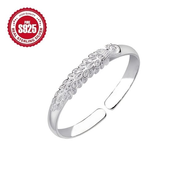 925 Silver Hypoallergenic Open Mouth Bracelet, Silvery Peacock Open Mouth Bracelet Versatile Fashion Relief Adjustable Mother's Bracelet Temperament Personality Hip-hop Gift For Couples, Best Friends, Gift For Daily Wedding Banquet Seaside Vacation, Thank - Image 5