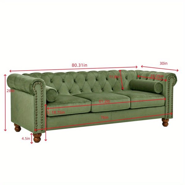 Classic Green Velvet Chesterfield Sofa with Scroll Arms, Nailhead Trim & Solid Wood Legs - Comfortable Button Tufted Settee for Living Room, Bedroom, Office, or Apartment - Image 3