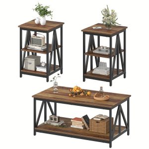Commem Living Room Coffee Table Set Of 3, Industrial Triangular-Design Coffee Table And 2 End Side Tables, 3 Piece Living Room Table Set With Large Storage For Apartment Home (Rustic Brown)
