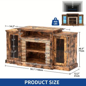 1pc Phabules 59'' Modern Farmhouse Buffet Sideboard with Power Outlet - Floor Mount TV Stand Cabinet with LED Light, Glass Doors, and Storage Shelves for Living Room, Kitchen - Hardwood, Particle Board, Artificial Board Construction, US Plug, 110-130V