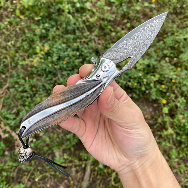 1 Piece, Damascus Steel Folding Pocket Knife, Premium Quality High Hardness Knife With Leather Sheath, Stabilized Cured Wood Handle, EDC Camping And Fishing Knife, Great For Adventure, Outdoor Hiking Tools, Men's Folding Knife Gift, Fruit Knife - Image 7