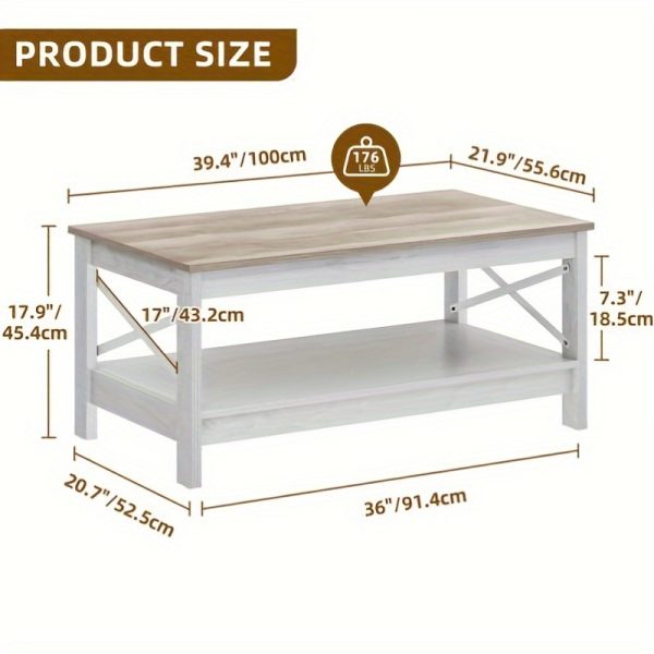 YINTATECH 2- Tier Wood Coffee Table with Open Storage, Farmhouse Accent Cocktail Center Table for Home Office, Brown and White - Image 4