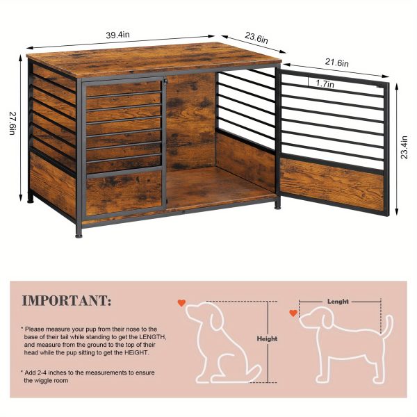 1pc Rustic Wooden Dog Crate Furniture with Metal Frame, Scratch-Resistant End Table, Secure Latch, Adjustable Feet, Indoor Pet Cage House for Small/Medium Dogs - Image 4