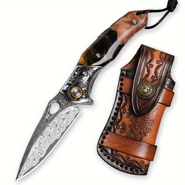 1PC Handmade Damascus Steel Pocket Knife, 3.1" VG10 Sharp Blade, Men's And Women's Folding Knife With Leather Holster, Liner Lock, Resin And Maple Handle For EDC Outdoor Camping Use, Hiking Carry, Everyday Fishing Knife - Image 6
