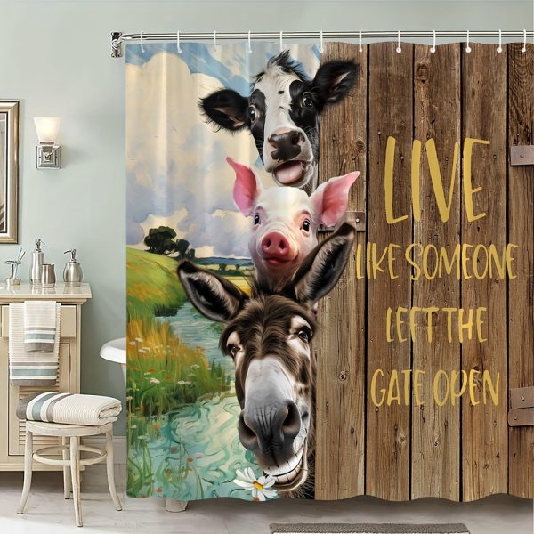 1pc Farmhouse-Style Animal Bath Curtain with Inspirational Quote, Durable Polyester Fabric, Machine Washable, Vintage Wooden Board Design with Cows, Donkeys, Pigs, Includes Grommet Hooks for Easy Hanging - All Season Bathroom Decor - Image 2