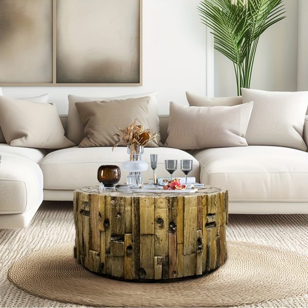 18.5" H Farmhouse Barrel Shaped Round Coffee Table For Indoors And Outdoors, Round Coffee Table For Living Room, Small Side Table Tea Table End Table - Image 6