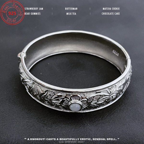 S925 Sterling Silvery Embossed Flower Wide-Face Bracelet - Niche Exquisite Style - Perfect for Everyday Wear And Parties - Perfect Gift for Mom And Girlfriend - Image 7