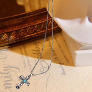 Bohemian Vintage Turquoise Cross Pendant Necklace for Women, 925 Sterling Silver with Vine Pattern, Gift Jewelry, Includes 18"+2" Stainless Steel Box Chain, Necklace