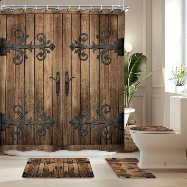 1/4pcs Rustic Barn Door Shower Curtain Set, Vintage Farmhouse Western Metallic Wooden Plank Cabin Barnwood Retro Country Modern Waterproof Shower Curtain With 12 Hooks, Non-slip Bathroom Mat, Toilet U-shaped Mat, Cover Mat, Home Decor