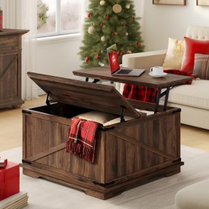 Xelsyo Farmhouse Square Lift Top Coffee Table with Storage, Wood Center Table for Living Room, Walnut