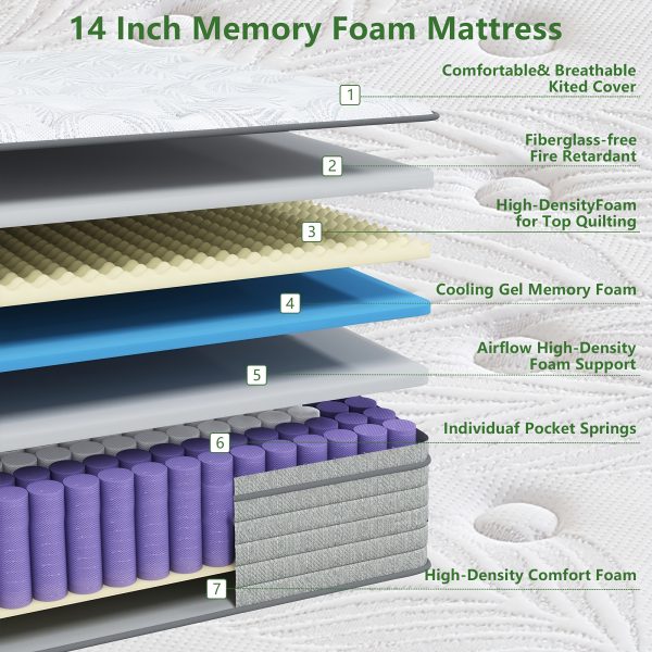 KOW 14 Inch Twin, Twin XL, Full, Queen, King, California King Size Mattress, Cooling-Gel Memory Foam And Pocket Spring Hybrid Mattress, Mattress with Cooling Cover, Comfort Foam & Mattress In A Box, CertiPUR-US Certified, Medium Firm Feel - Image 6