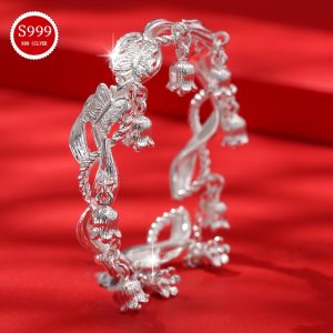 1pc Elegant 999 Sterling Silver Butterfly Bell Open Cuff Bracelet, Adjustable Fashion Jewelry for Women, Ideal for Daily Wear & Gifting, All-Season Accessory, Chinese Style, Birthday, 35g/1.23oz, Elegant Style
