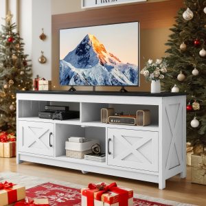 Black and White Farmhouse TV Console with Shelves, Media Cabinet featuring Power Outlet for Living Room by Xelsyo