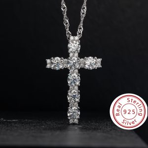 925 Silvery Moissanite Cross 4.0mm Main Stone 0.3CTx7 Sub-Stones 0.08CTx20 Total 2.26CT Pendant Necklace Approx. 3.88g Pendant Necklace Moissanite Jewelry D Color Ideal Cut Moissanite Necklace with Certificate for Men and Women