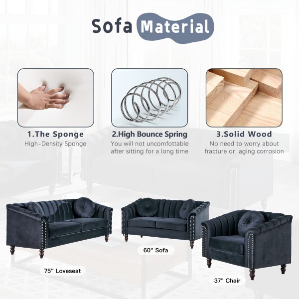 [The Yard]Chesterfield Sofa Set, Luxurious Flannel Upholstered Couch Set With Rolled Arms And Rivet Trim, 3-Piece Living Room Furniture Set Including Sofa, Loveseat, And Armchair, Button Tufted Cushions, Modern Classic Style Sofa For Home Or Office - Image 12