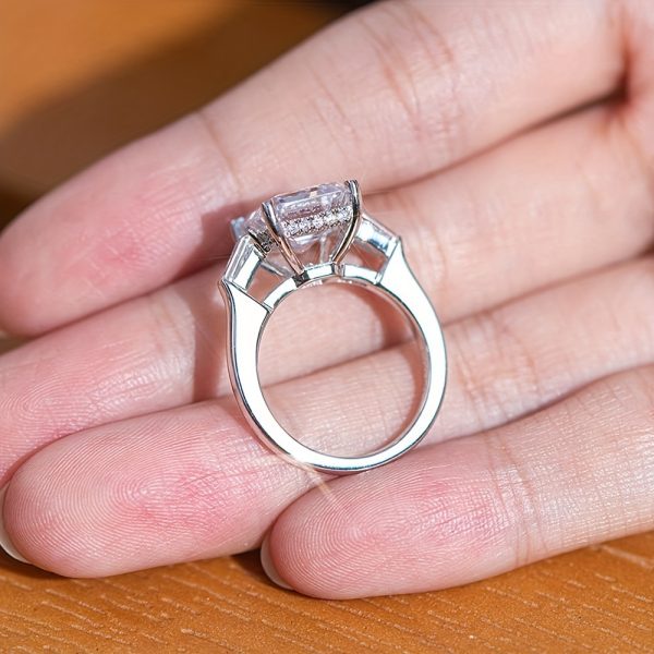 Charming Ideal Jade Cut Moissanite Ring Women' S 4ct Three Stone Moissanite Engagement Ring Sterling Silver Platinum Plated Anniversary Wedding Ring, Greystone, Moissanite - Image 8
