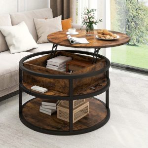 HomLif Farmhouse- Inspired Round Coffee Table with Storage and Display Shelf for Living Spaces