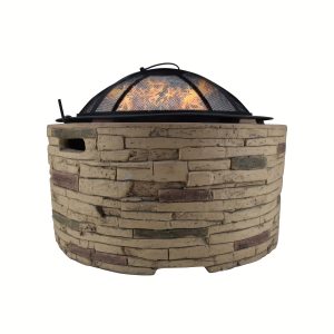 28in Outdoor Round Wood Burning Fire Pit, Exquisite Cast Stone Base Appearance Base, Quick Ignition And Weather-Resistant Iron Cover